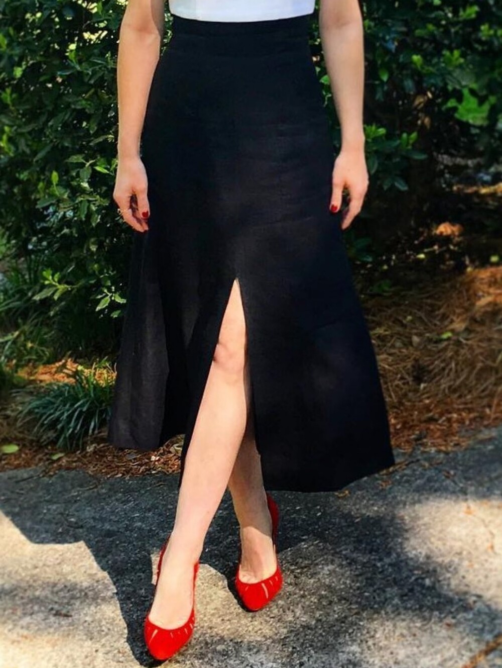 GENUINE CHANEL Black Linen High Waist Midi Skirt Made in France | XS Waist 26"